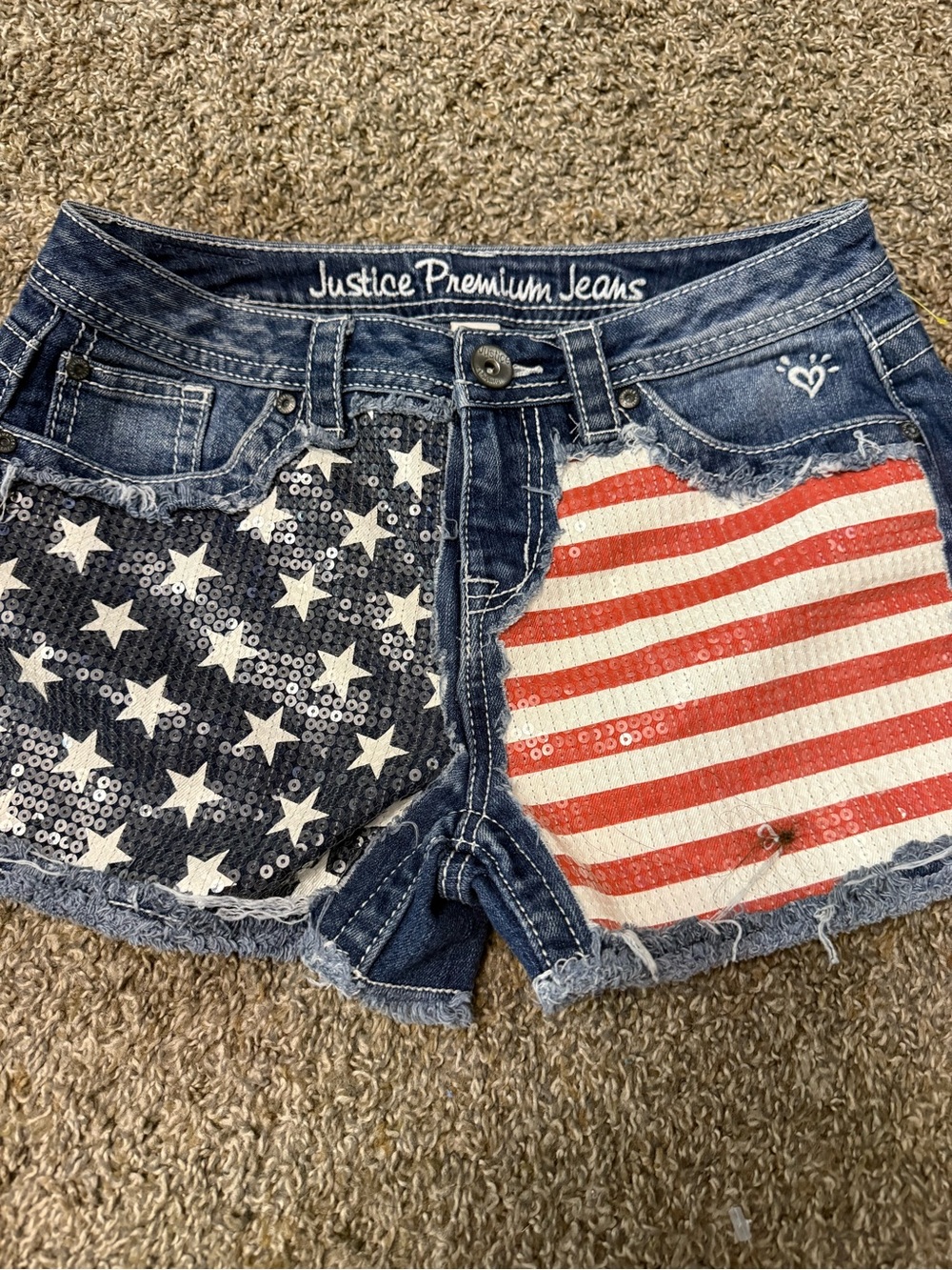 Justice Women's Denim Shorts with Red & Blue Sequin Flag Panels
